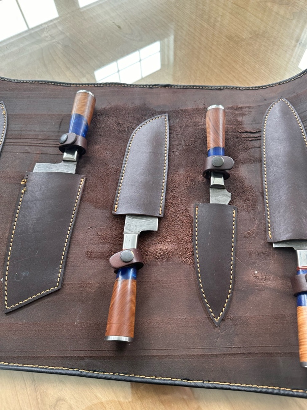 Handmade Leather Knife Roll with Set of 7 Wood-Handled Knives - Picture 5 of 15